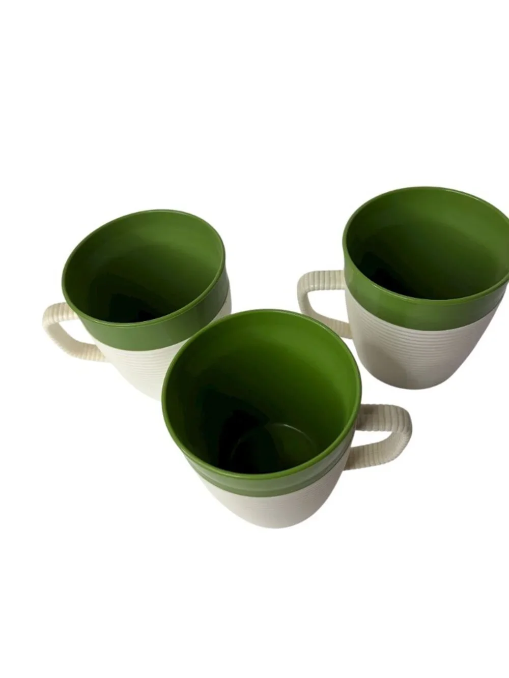 Vtg Raffiaware by Thermo Temp Insulated Coffee Mugs Green Cream Ribbed Set of 3